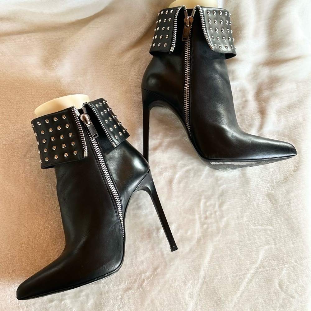 YSL Saint Laurent Black Studded Heeled Boots Size 39 European 4.75 inch Luxury - Picture 3 of 17